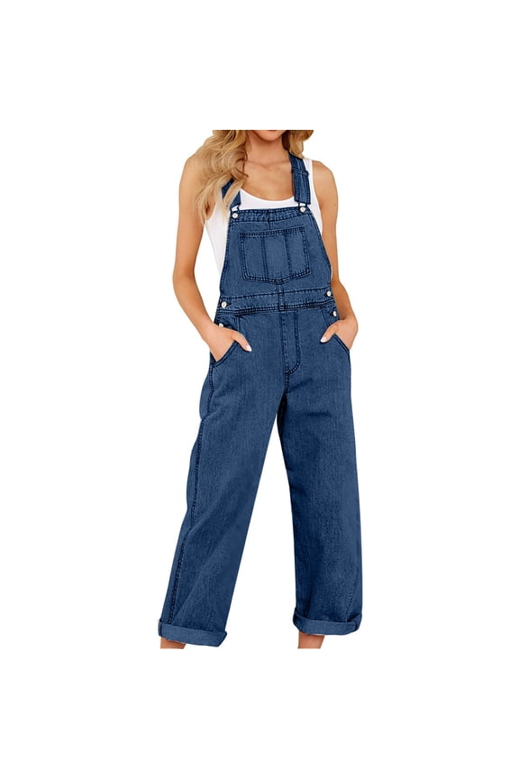 DeHolifer Denim Bib for Women-Fashion Overalls Straight Leg Coveralls Adjustable Casual Jeans Jumpsuit Loose  Blue S
