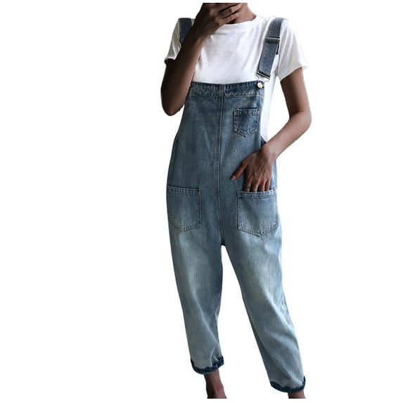 DeHolifer Denim Bib for Women-Fashion Overalls Straight Leg Coveralls Adjustable Casual Jeans Jumpsuit Loose Fit Blue M