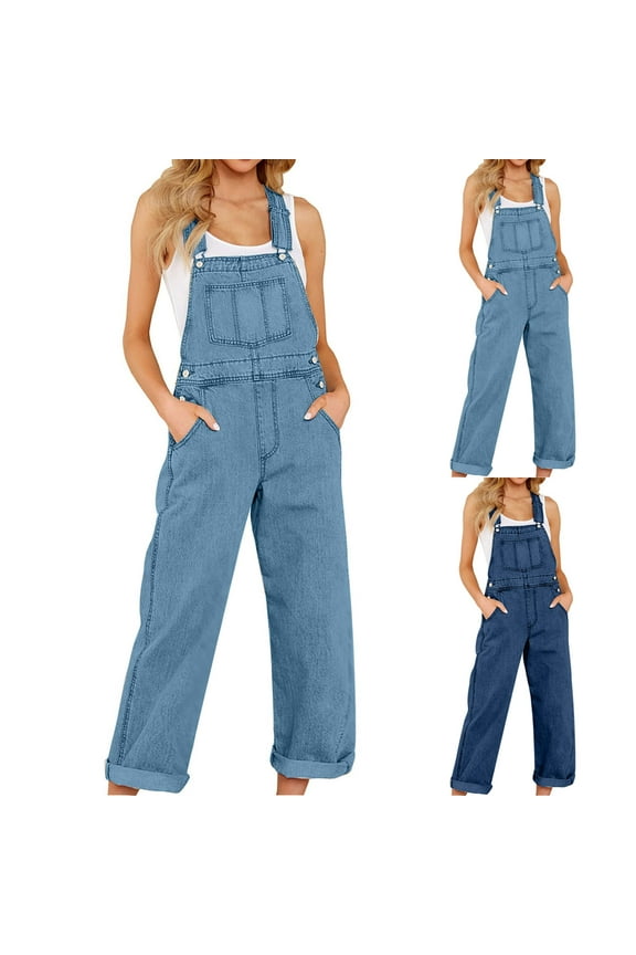 Denim Bib for Women-Fashion Overalls Straight Leg Coveralls Adjustable Casual Jeans Jumpsuit Loose Fit Blue XL