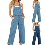 QQAMB Denim Bib for Women-Fashion Overalls Straight Leg Coveralls Adjustable Casual Jeans Jumpsuit Loose Fit Blue XL