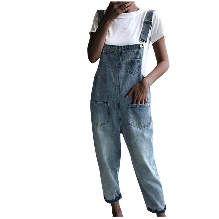 DeHolifer Denim Bib for Women-Fashion Overalls Straight Leg Coveralls  Adjustable Casual Jeans Jumpsuit Loose Fit Blue XL 