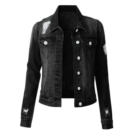 QQAMB Denim Jacket for Women 2023 Long Sleeve Distressed Hole Slim Fit Jean Jackets Button Up Vintage Jacket with Pockets Black M