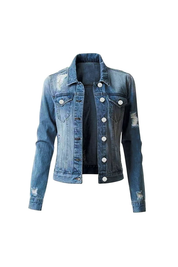 DeHolifer Denim Jacket for Women 2023 Long Sleeve Distressed Hole Slim Fit Jean Jackets Button Up Vintage Jacket with Pockets Light Blue S