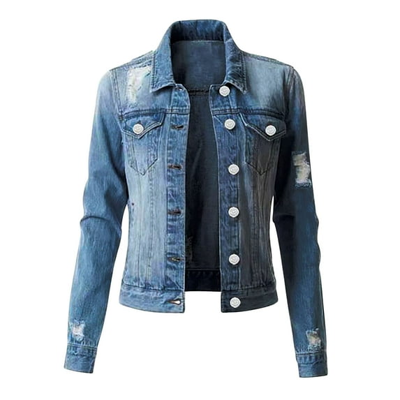DeHolifer Denim Jacket for Women 2023 Long Sleeve Distressed Hole Slim Fit Jean Jackets Button Up Vintage Jacket with Pockets Light Blue XL