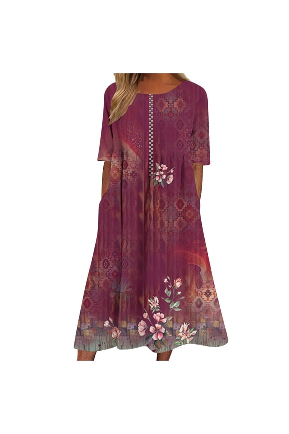 Dress for Women 2024 Summer Floral Print Crewneck Short Sleeve Dress Loose Casual Midi Dress Wine S