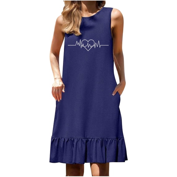 DeHolifer Dress for Women Casual A-Line Ruffle Beach Mini Dresses Trendy Sundress T-Shirt Dress with Pockets Navy M