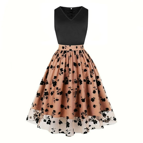 QQAMB Dress for Women Sleeveless Spaghetti Straps Floral Print Swing A-Line Dresses Summer Casual Dress Khaki L