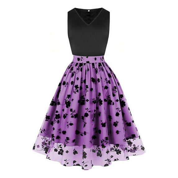 QQAMB Dress for Women Sleeveless Spaghetti Straps Floral Print Swing A-Line Dresses Summer Casual Dress Purple L