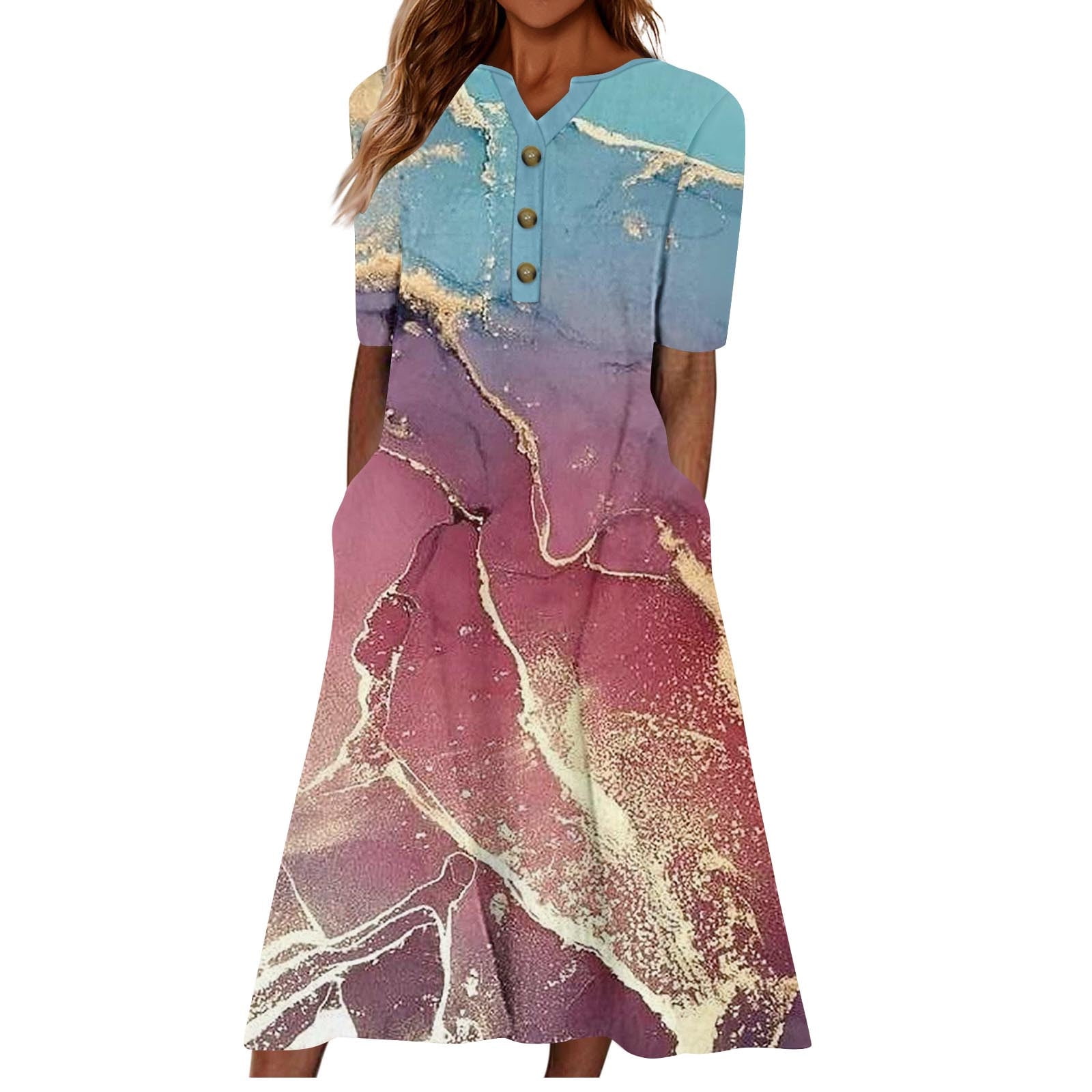 DeHolifer Dress for Women V-Neck Button Floral Print Short Sleeve Dress ...