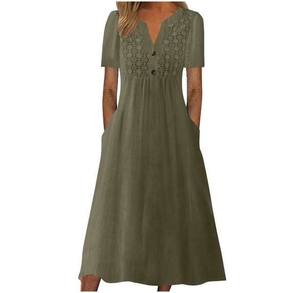 QQAMB Dress for Women V-Neck Button Short Sleeve Solid Color Cotton Linen Midi Dress Ladies Flowy Long Dress Army Green M