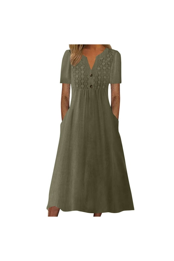 DeHolifer Dress for Women V-Neck Button Short Sleeve Solid Color Cotton Linen Midi Dress Ladies Flowy Long Dress Army Green XL