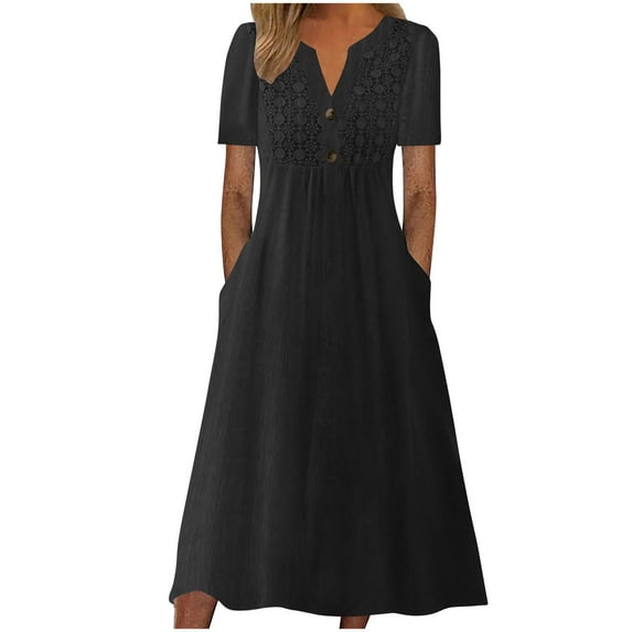 QQAMB Dress for Women V-Neck Button Short Sleeve Solid Color Cotton Linen Midi Dress Ladies Flowy Long Dress Black 2XL