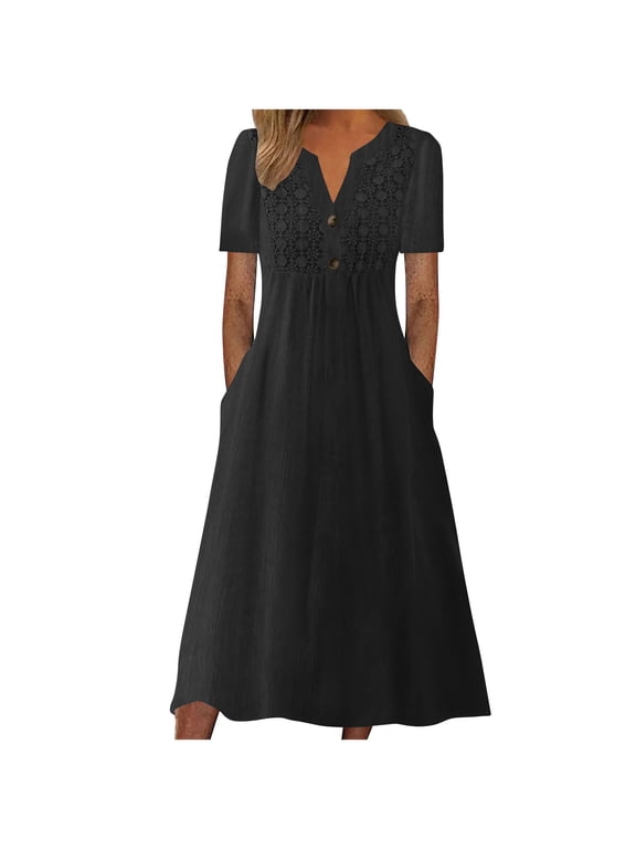 DeHolifer Dress for Women V-Neck Button Short Sleeve Solid Color Cotton Linen Midi Dress Ladies Flowy Long Dress Black S