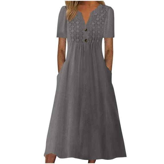 QQAMB Dress for Women V-Neck Button Short Sleeve Solid Color Cotton Linen Midi Dress Ladies Flowy Long Dress Gray 2XL