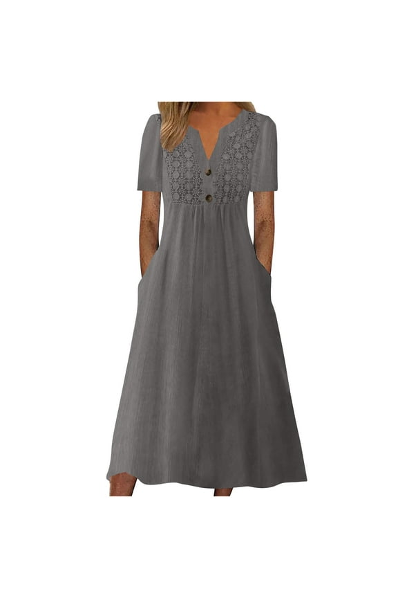Dress for Women V-Neck Button Short Sleeve Solid Color Cotton Linen Midi Dress Ladies Flowy Long Dress Gray 2XL
