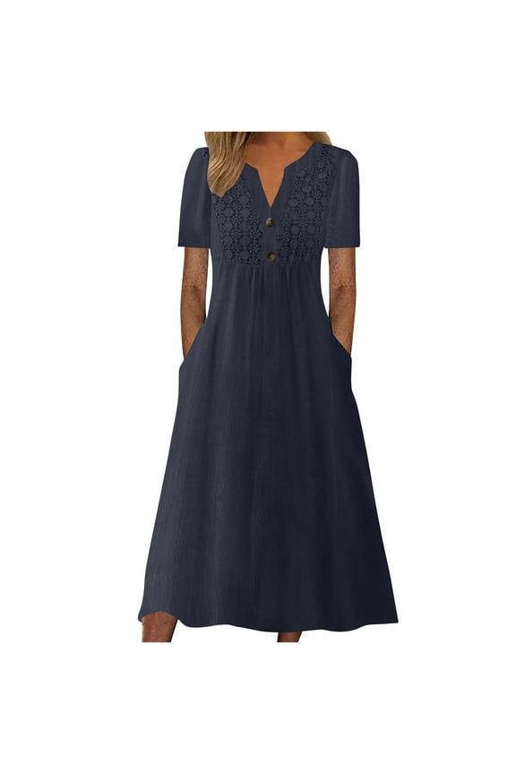 DeHolifer Dress for Women V-Neck Button Short Sleeve Solid Color Cotton Linen Midi Dress Ladies Flowy Long Dress Navy XL