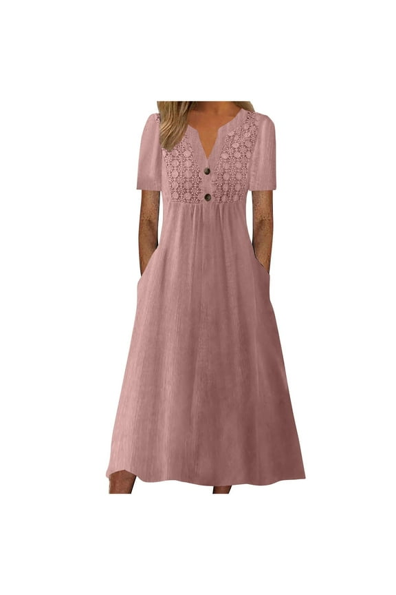 DeHolifer Dress for Women V-Neck Button Short Sleeve Solid Color Cotton Linen Midi Dress Ladies Flowy Long Dress Pink L