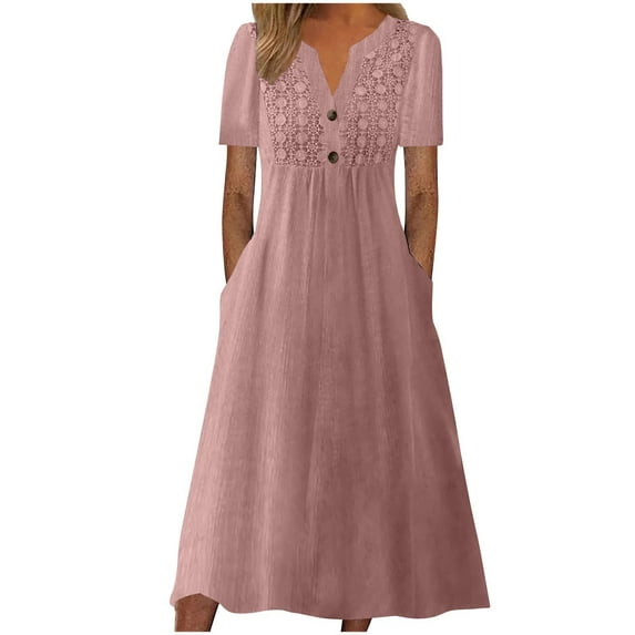 DeHolifer Dress for Women V-Neck Button Short Sleeve Solid Color Cotton Linen Midi Dress Ladies Flowy Long Dress Pink M