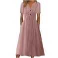 thumbnail image 1 of DeHolifer Dress for Women V-Neck Button Short Sleeve Solid Color Cotton Linen Midi Dress Ladies Flowy Long Dress Pink XL, 1 of 5