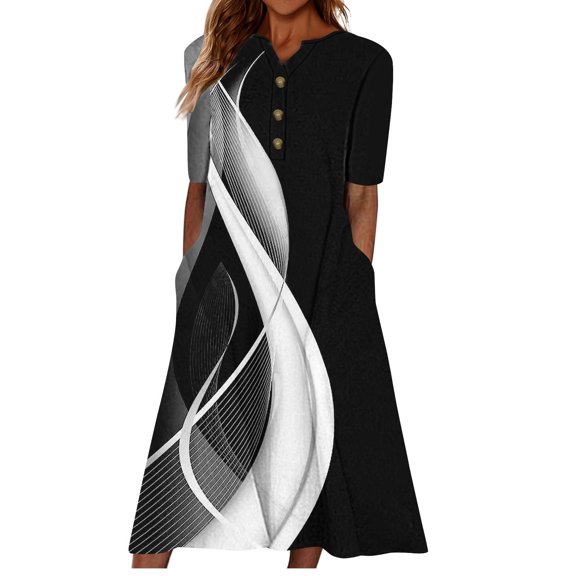 DeHolifer Dress for Women V-Neck Button Strip Print Short Sleeve Dress Summer 2024 Fashion Loose Casual Dress Black 2XL
