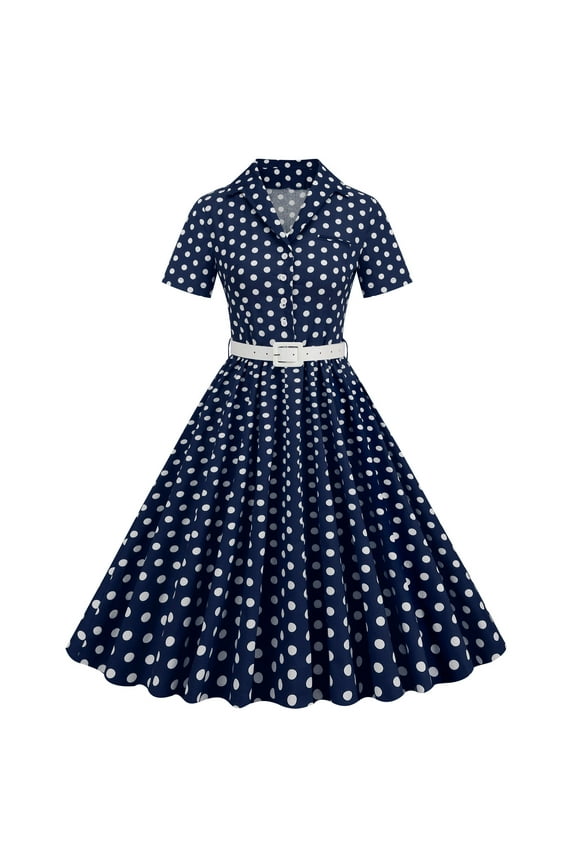 DeHolifer Dresses for Women 1950s Vintage Retro V-Neck Short Sleeve Tie Midi Dress Cocktail Party Evening Prom Gown Dresses Navy S