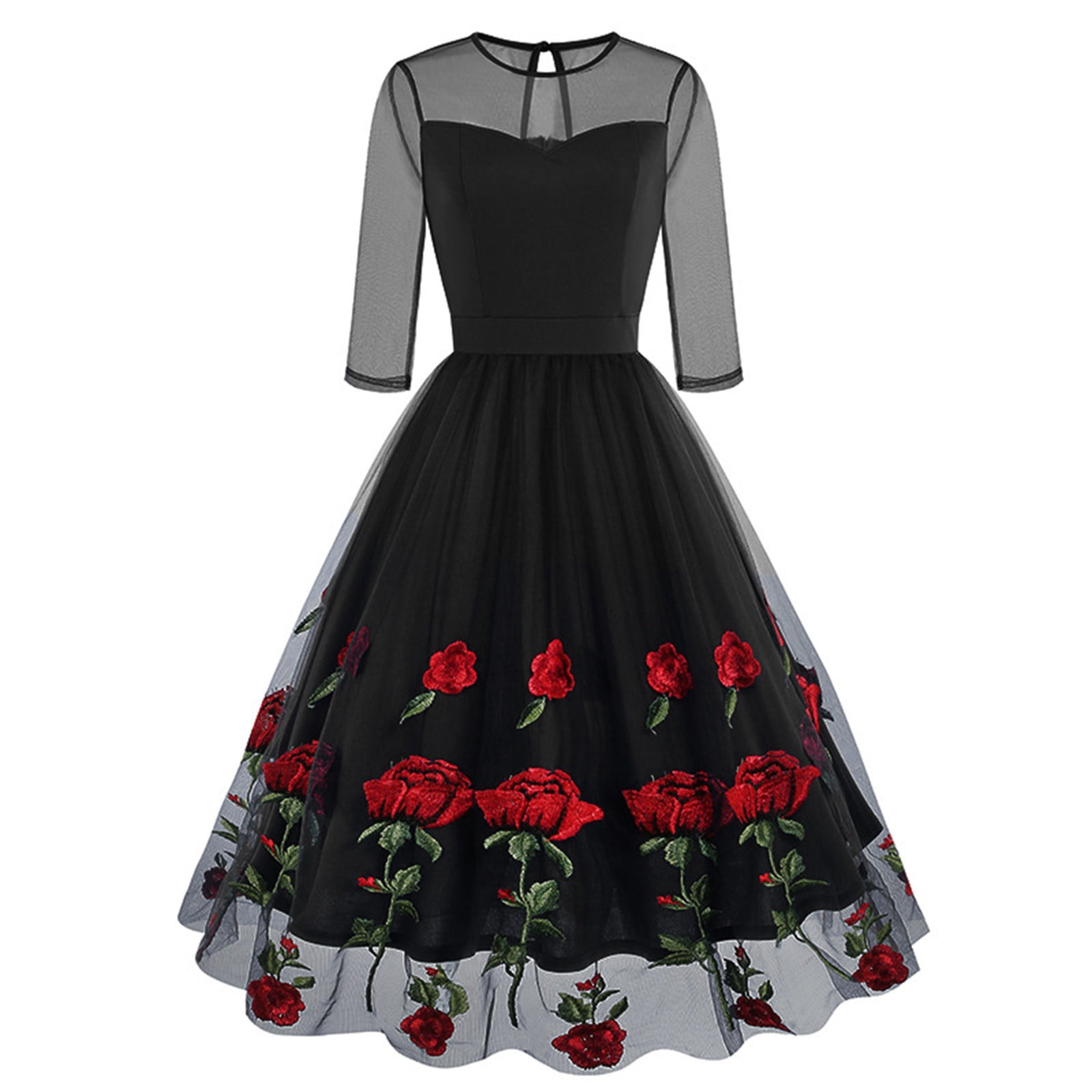 DeHolifer Dresses for Women 3/4 Sleeves Rose Floral Mesh Dress Vintage Cocktail Tea Party Embroidered Tulle Dress Black L - Walmart.com DeHolifer Dresses for Women 3/4 Sleeves Rose Floral Mesh Dress Vintage Cocktail Tea Party Embroidered Tulle Dress Black L - Walmart.com