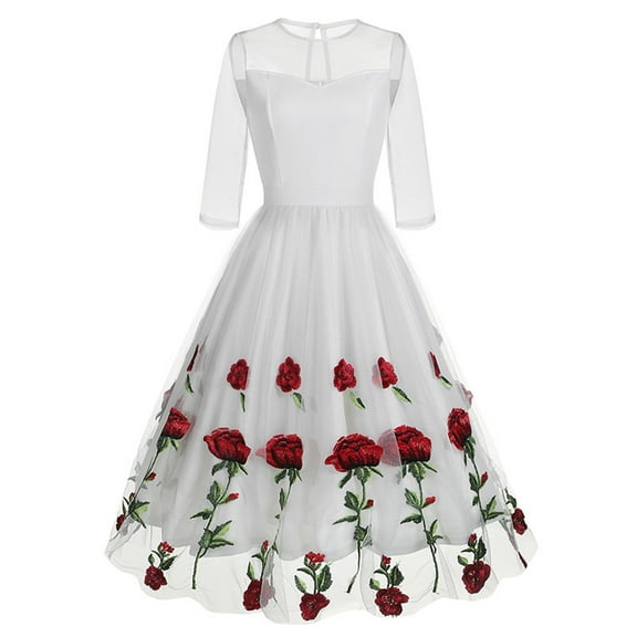 DeHolifer Dresses for Women 3/4 Sleeves Rose Floral Mesh Dress Vintage Cocktail Tea Party Embroidered Tulle Dress White 2XL