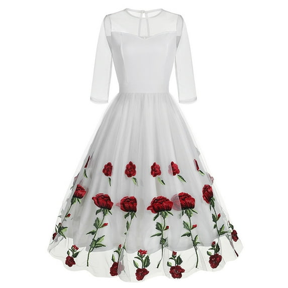 DeHolifer Dresses for Women 3/4 Sleeves Rose Floral Mesh Dress Vintage Cocktail Tea Party Embroidered Tulle Dress White XL