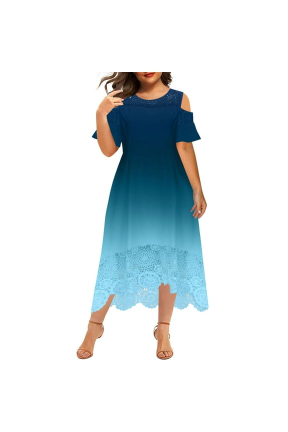 Dresses for Women Plus Size Crewneck Cold Shoulder Short Sleeve Gradient Color Lace Patchwork Casual Sundress Blue 3XL