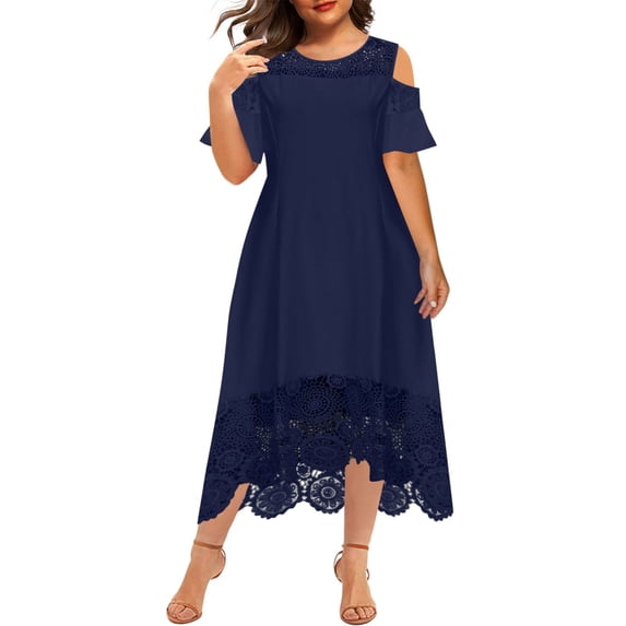 DeHolifer Dresses for Women Plus Size Crewneck Cold Shoulder Short Sleeve Solid Color Lace Patchwork Casual Sundress Blue 3XL