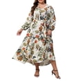 thumbnail image 1 of DeHolifer Dresses for Women Plus Size Floral Print V-Neck Long Sleeve Loose Comfy Long Dresses Beige 2XL, 1 of 4