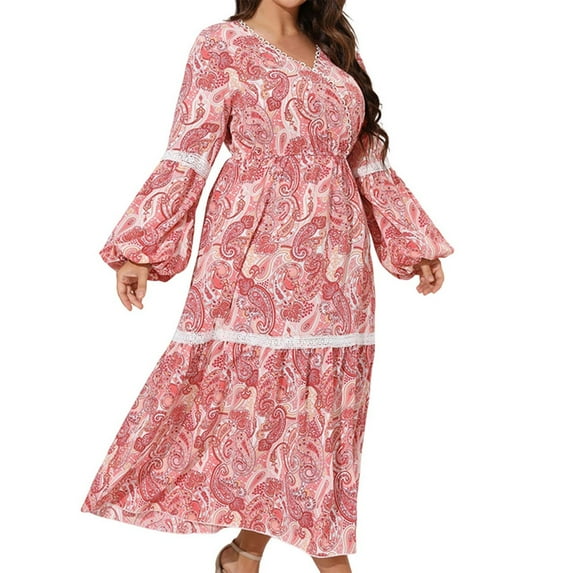 DeHolifer Dresses for Women Plus Size Floral Print V-Neck Long Sleeve Loose Comfy Long Dresses Pink 3XL