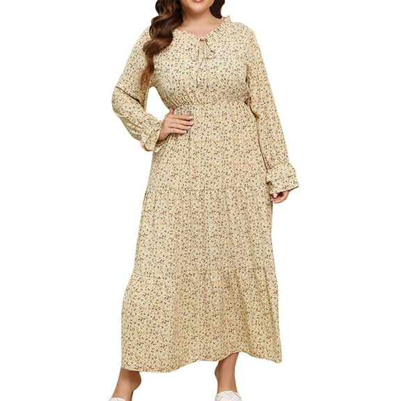 DeHolifer Dresses for Women Plus Size Floral Print V-Neck Long Sleeve Loose Comfy Long Dresses Yellow 2XL