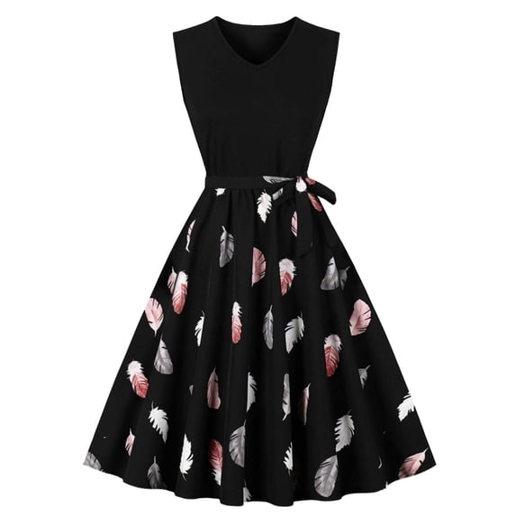 DeHolifer Dresses for Women Sleeveless Crewneck 1950s Vintage Floral Print Fall Swing Dress Cocktail Party Dress Black S