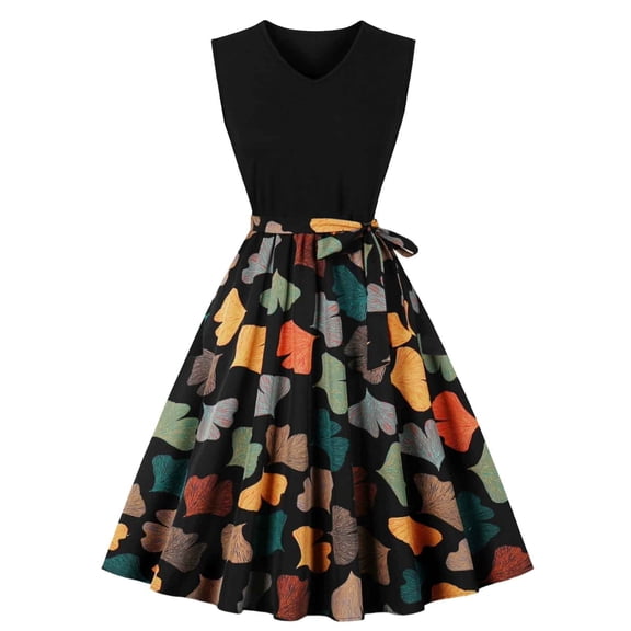 DeHolifer Dresses for Women Sleeveless Crewneck 1950s Vintage Floral Print Fall Swing Dress Cocktail Party Dress Orange 2XL
