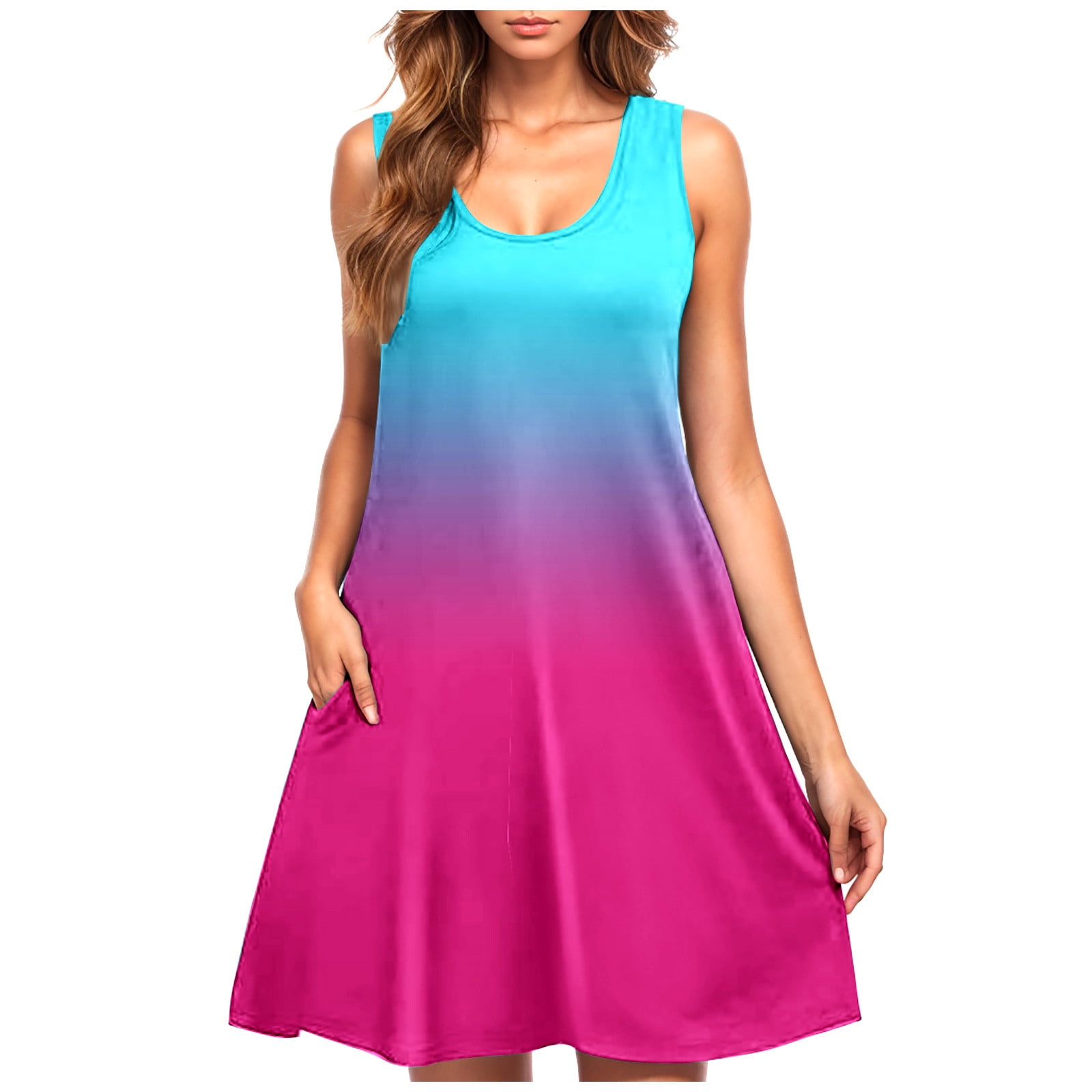 OFEEFAN Women's Maxi Dress - Summer Spaghetti Strap Dress With Pockets, Hot Pink, Large, Adjustable Length - View #5