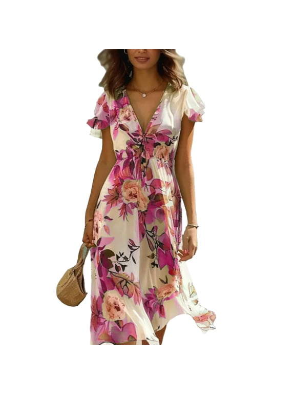 Dresses for Women Summer V-Neck Floral Maxi Dress Wedding Guest Party Long Dresses Red S