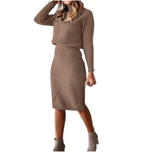 DeHolifer Dresses for Women Turtleneck Knitted Solid Color Thick Lapel Pullover Sweater Set Midi Dress Coffee 3XL