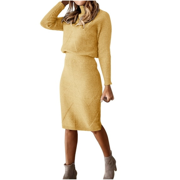 DeHolifer Dresses for Women Turtleneck Knitted Solid Color Thick Lapel Pullover Sweater Set Midi Dress Gold S