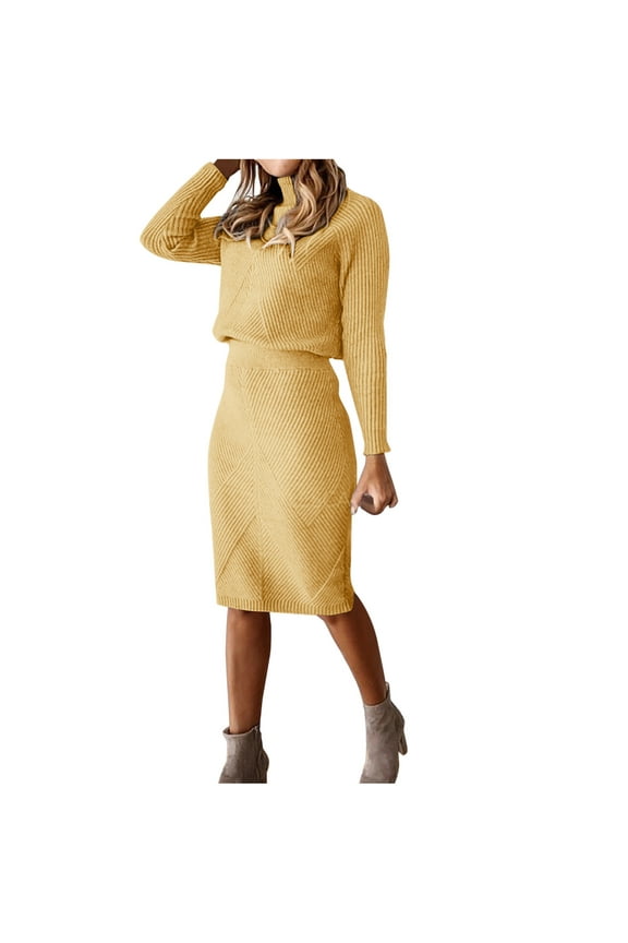 DeHolifer Dresses for Women Turtleneck Knitted Solid Color Thick Lapel Pullover Sweater Set Midi Dress Gold XL