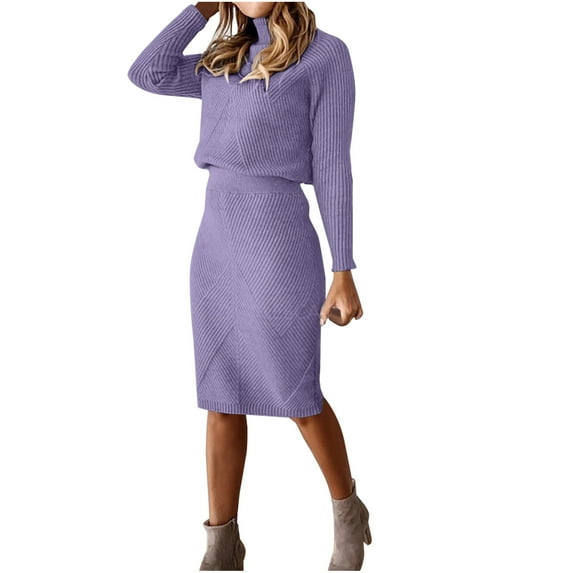 DeHolifer Dresses for Women Turtleneck Knitted Solid Color Thick Lapel Pullover Sweater Set Midi Dress Purple 4XL