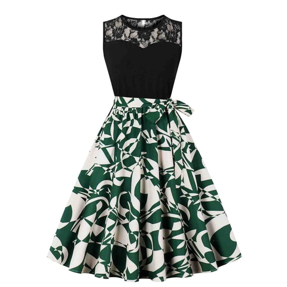 DeHolifer Dresses for Women Vintage 1950s Sleeveless Crewneck Floral Flared A-Line Swing Casual Cocktail Party Dresses Green XL