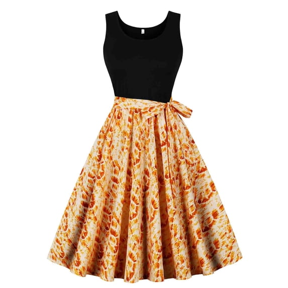 DeHolifer Dresses for Women Vintage 1950s Sleeveless Crewneck Floral Flared A-Line Swing Casual Cocktail Party Dresses Yellow 2XL
