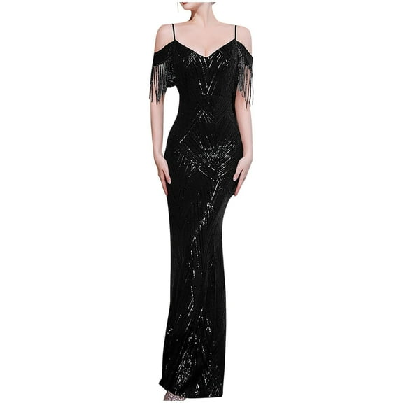 DeHolifer Evening Dress for Women Sequin Tassels V-Neck Sleeveless Cocktail Banquet Ladies Long Dresses Black 2XL