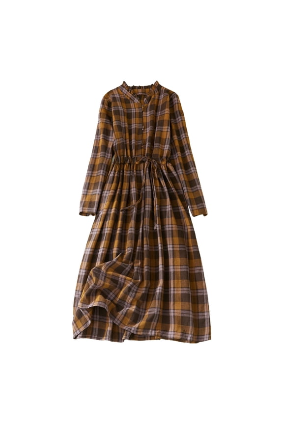 DeHolifer Fall Dresses for Women Ethnic Button Down Long Sleeve Lapel Collar Corduroy Maxi Dress Solid Color Drawstring Waist Dress Coffee XL