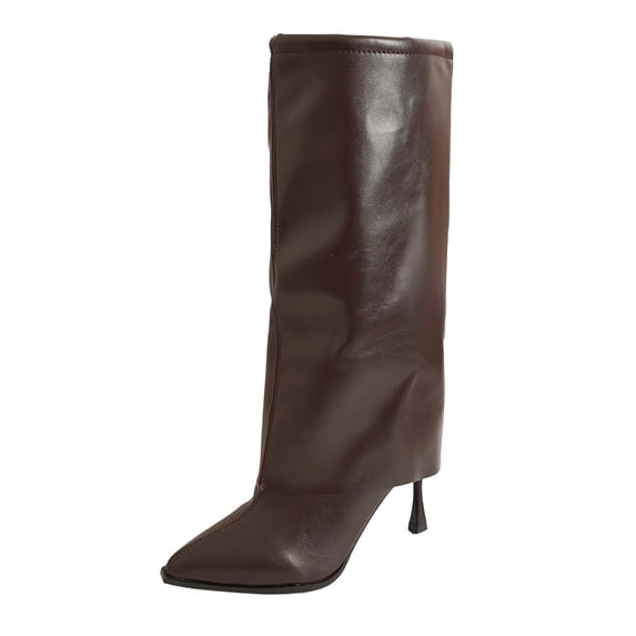 DeHolifer Fold Over Knee High Boots Pointed Toe Knee High Boots for Women with Side Zipper PU Leather Dressy Long Boots.