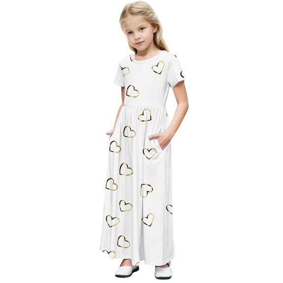 DeHolifer Girl Long Maxi Dress Crewneck Heart Printed Short Sleeve Elastic Waist Holiday Casual Dresses for Girls with Pockets,11 Years