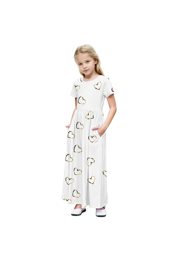 Girl Long Maxi Dress Crewneck Heart Printed Short Sleeve Elastic Waist Holiday Casual Dresses for Girls with Pockets,7 Years