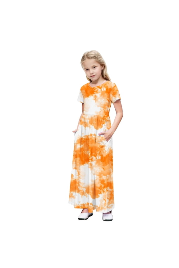 Girl Long Maxi Dress Crewneck Tie Dye Short Sleeve Elastic Waist Holiday Casual Dresses for Girls with Pockets,7 Years