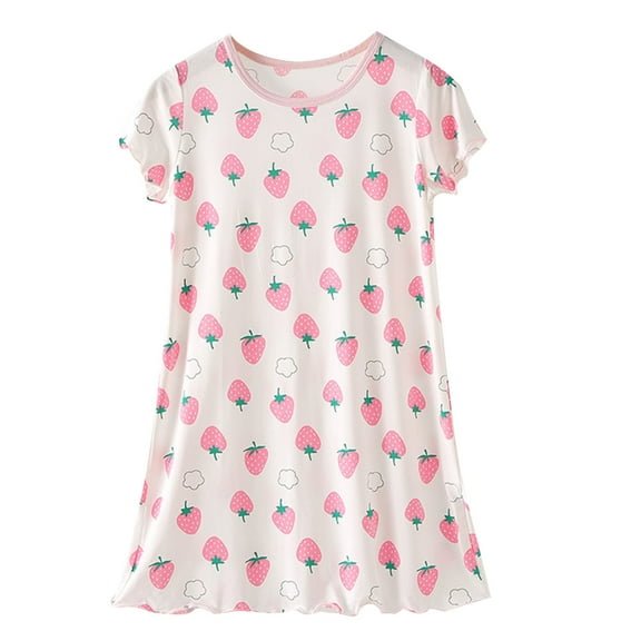 DeHolifer Girl's Dresses Strawberry Graphic Printed Crewneck Sleeveless Princess Homewear Loungewear Nightdress,8 Years